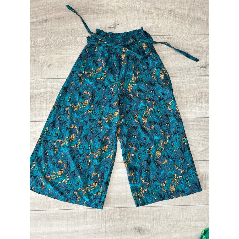 Teal Paisley Leopard Print Wide Leg Palazzo Pants S High Waist Paperbag Boho